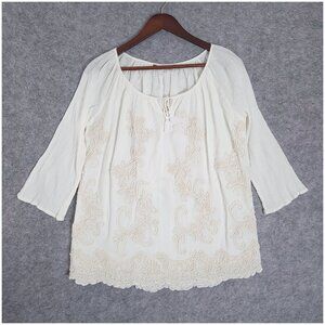 Soft Surroundings Winding Vines Embroidered Tunic Boho Top Gauzy Ivory Medium